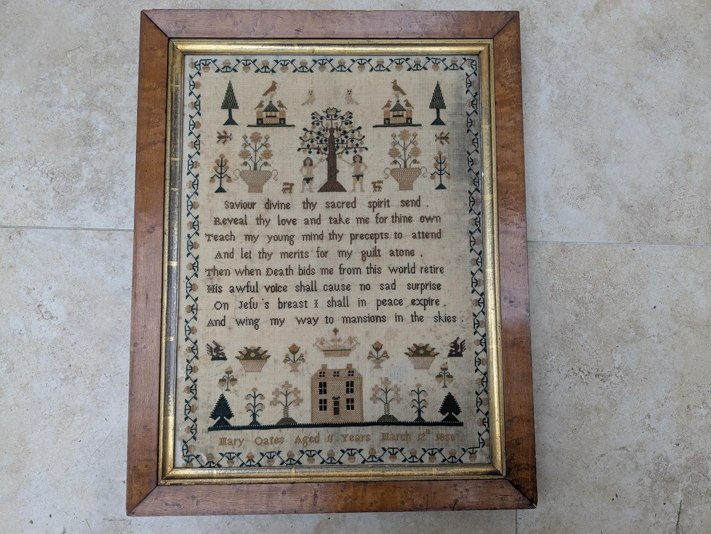 Antique original 1850 house sampler by Mary Oates
