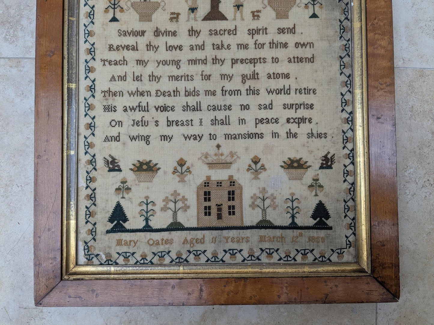 Antique original 1850 house sampler by Mary Oates