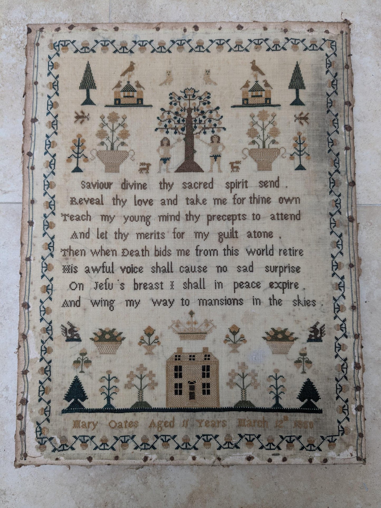 Antique original 1850 house sampler by Mary Oates