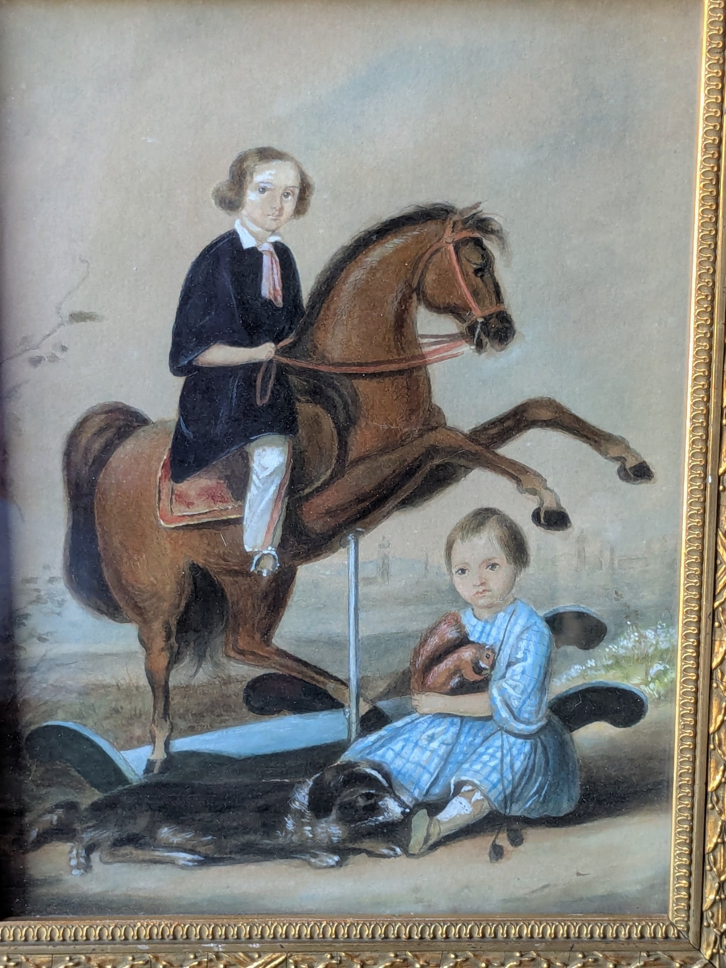 Antique Victorian portrait of 2 brothers with dog & toys