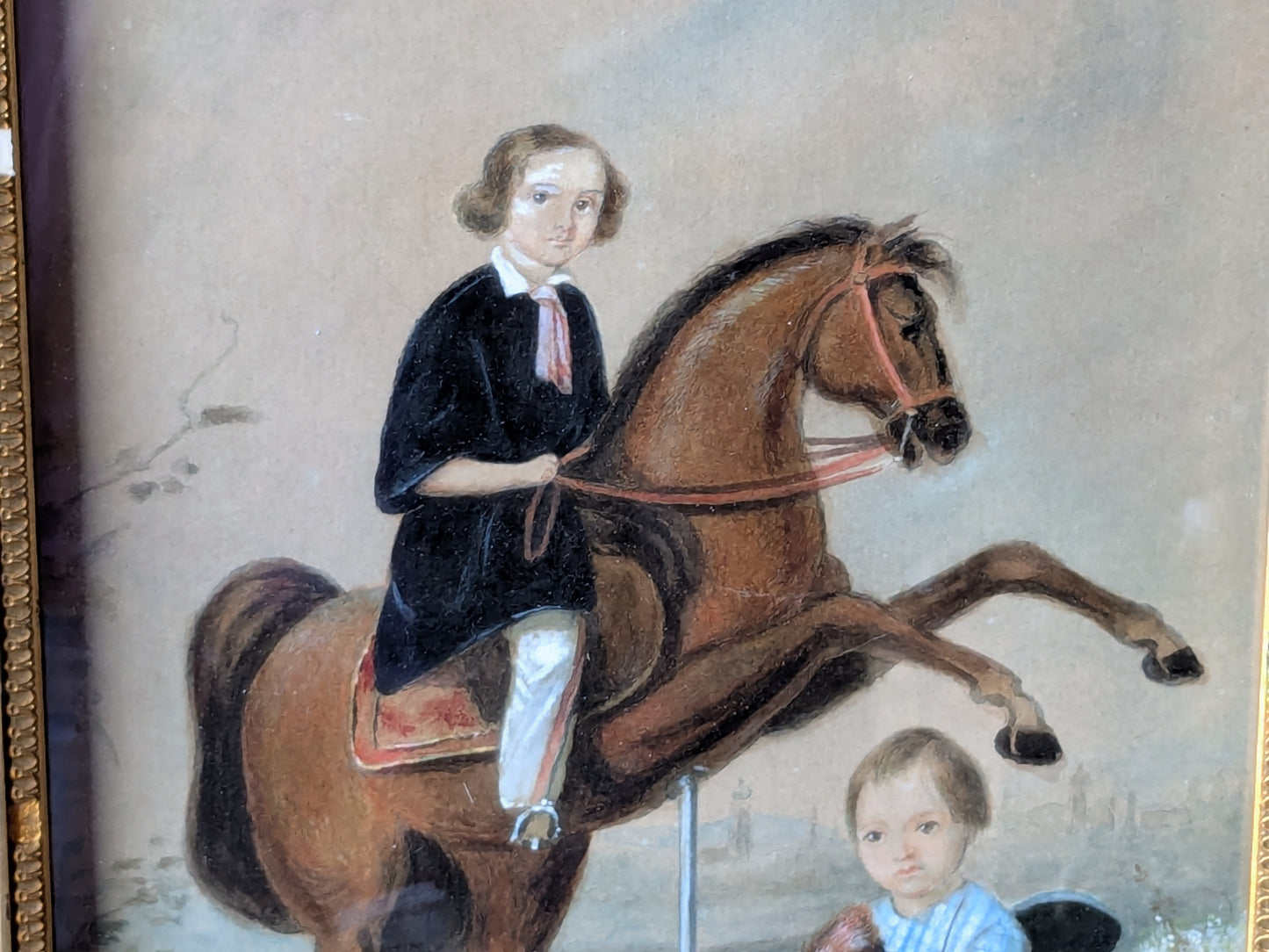 Antique Victorian portrait of 2 brothers with dog & toys