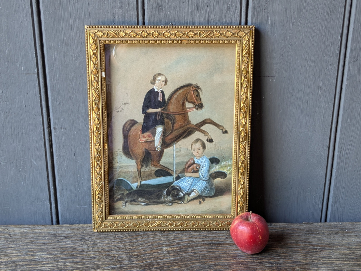 Antique Victorian portrait of 2 brothers with dog & toys
