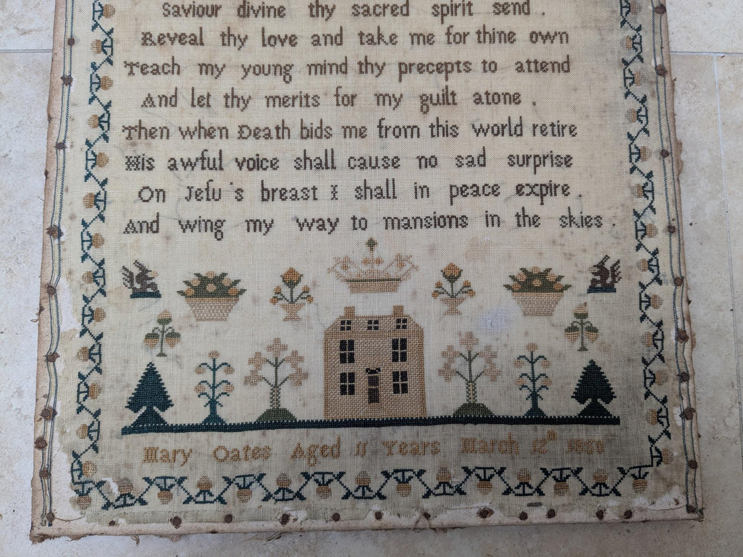 Antique original 1850 house sampler by Mary Oates