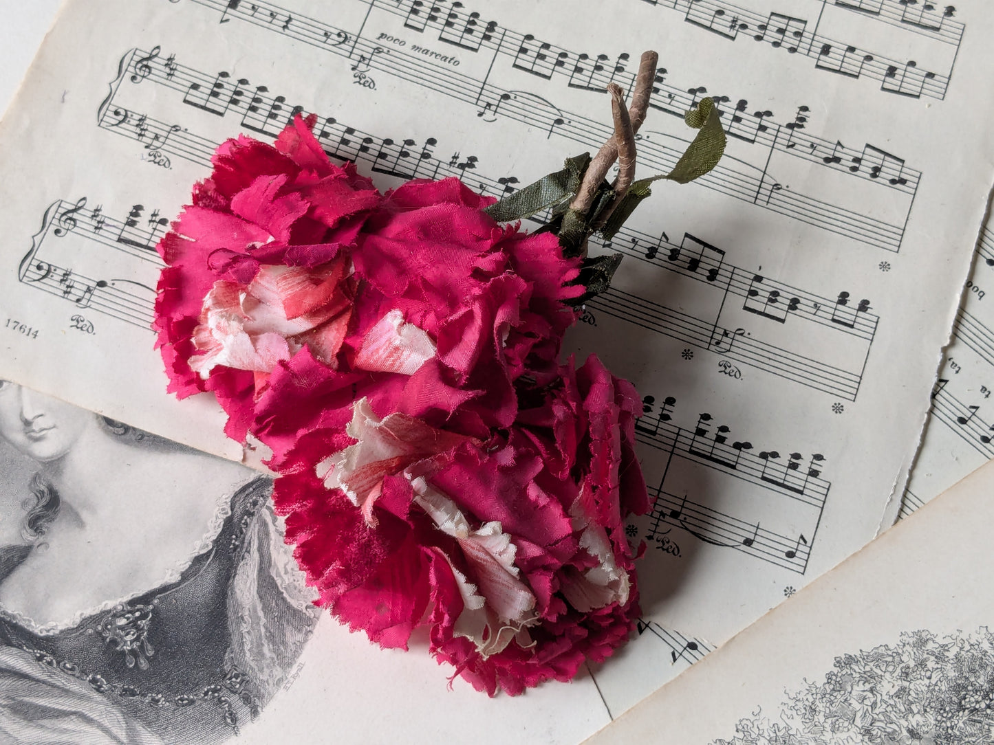 2 fabric carnation flowers
