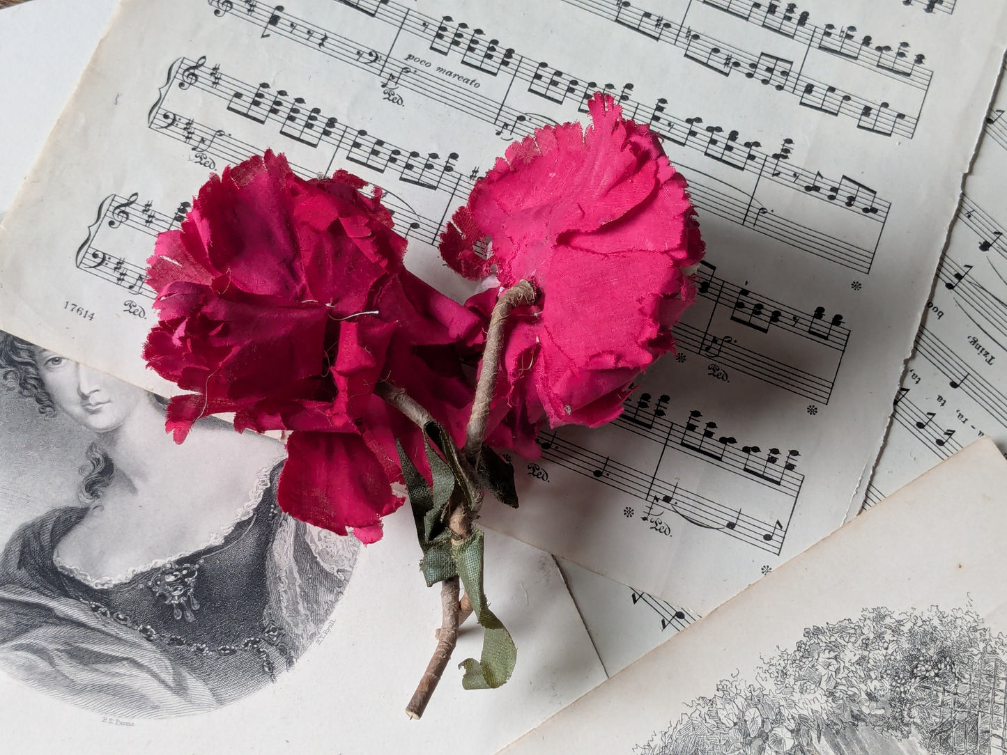 2 fabric carnation flowers