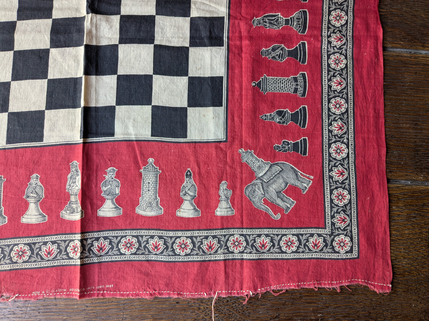 Victorian novelty handkerchief, chess board, Moir & Co 1881
