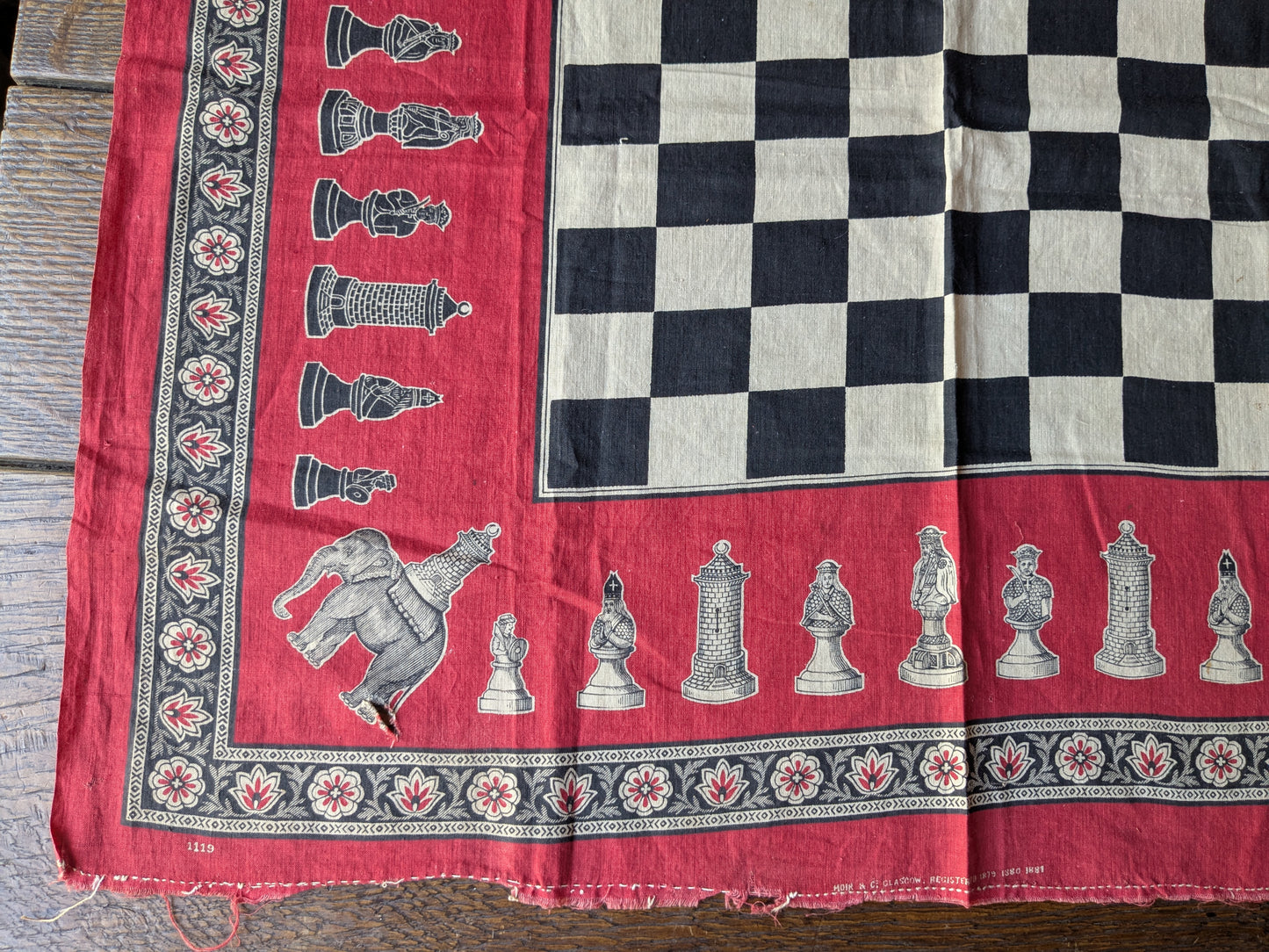Victorian novelty handkerchief, chess board, Moir & Co 1881