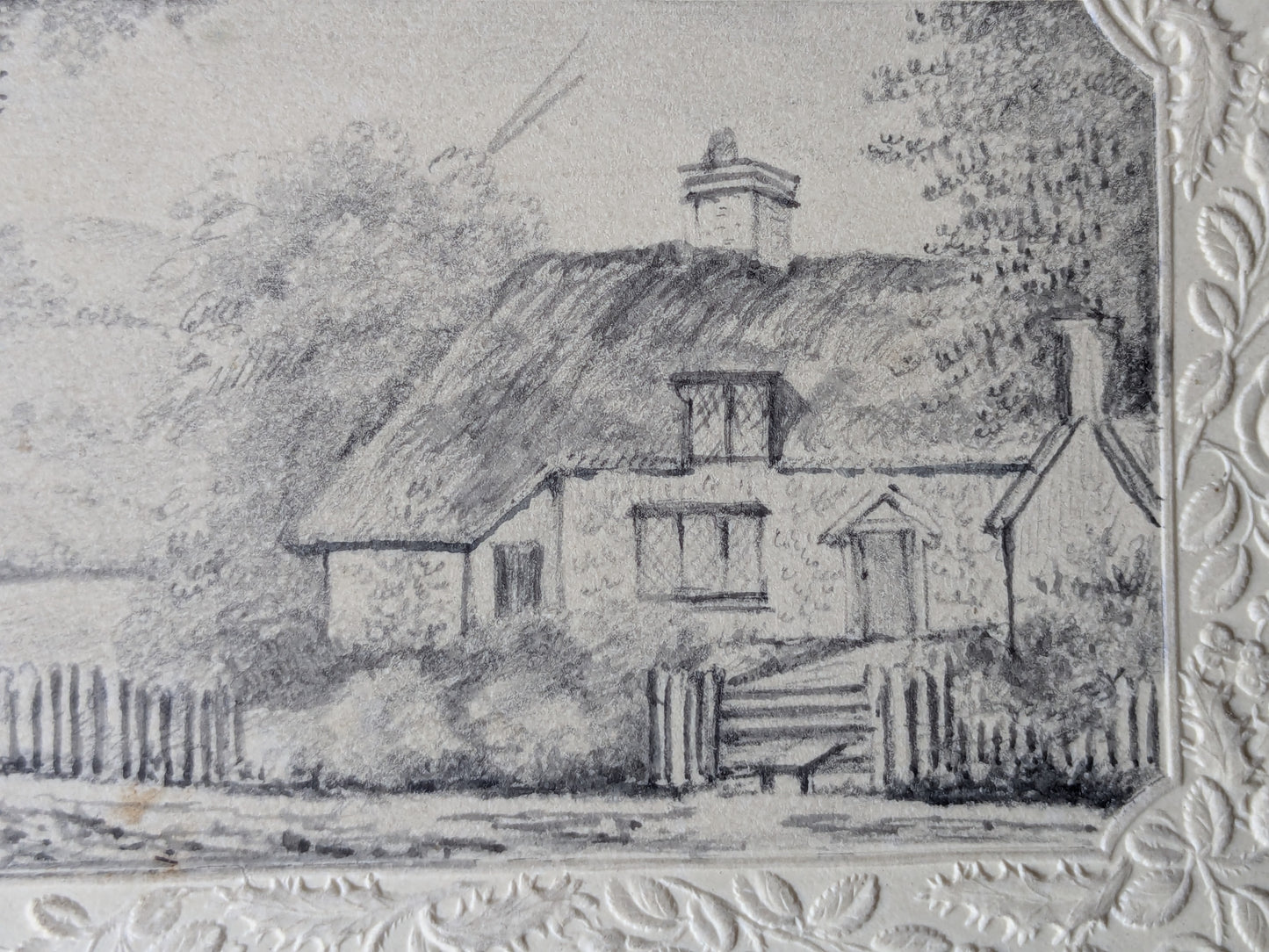 Antique miniature drawing in embossed border