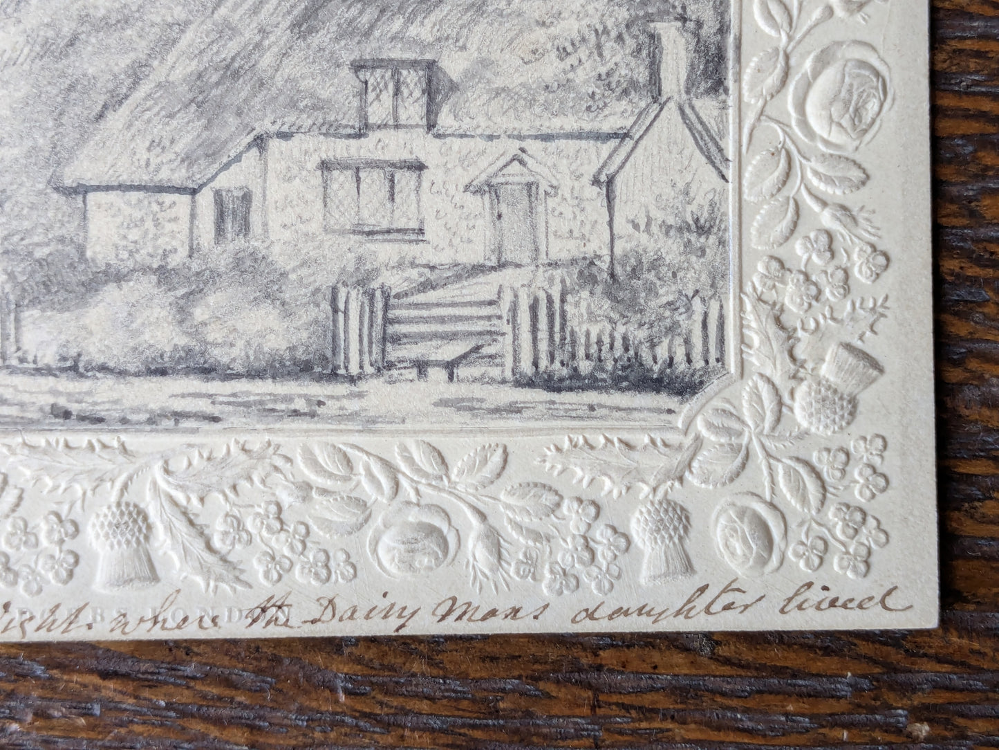 Antique miniature drawing in embossed border