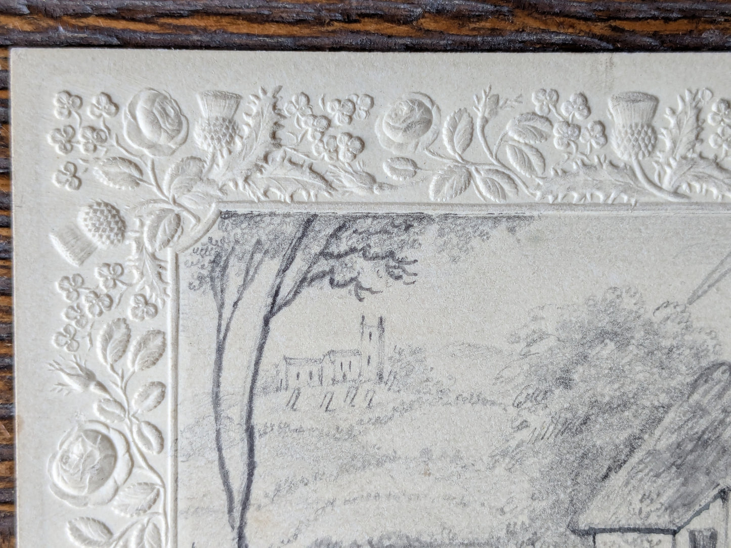 Antique miniature drawing in embossed border