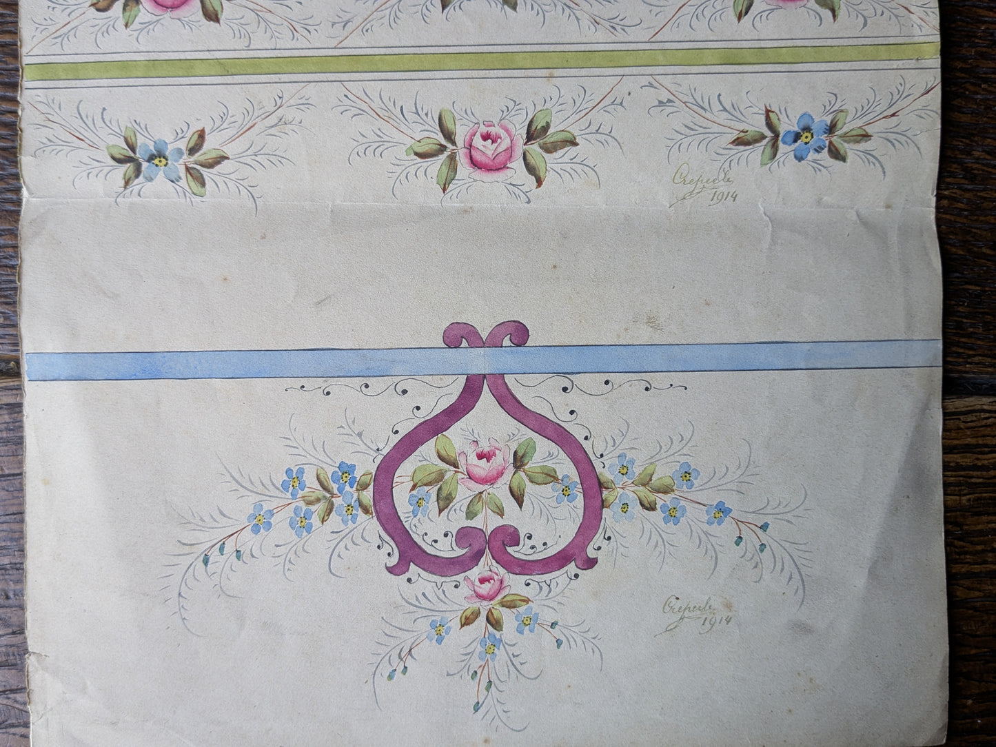 Antique French hand painted pattern design with roses