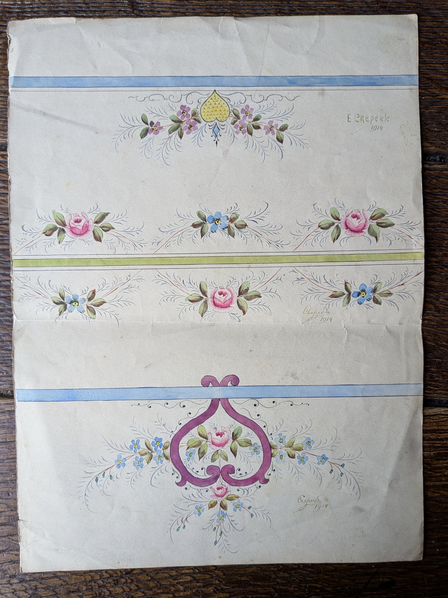 Antique French hand painted pattern design with roses