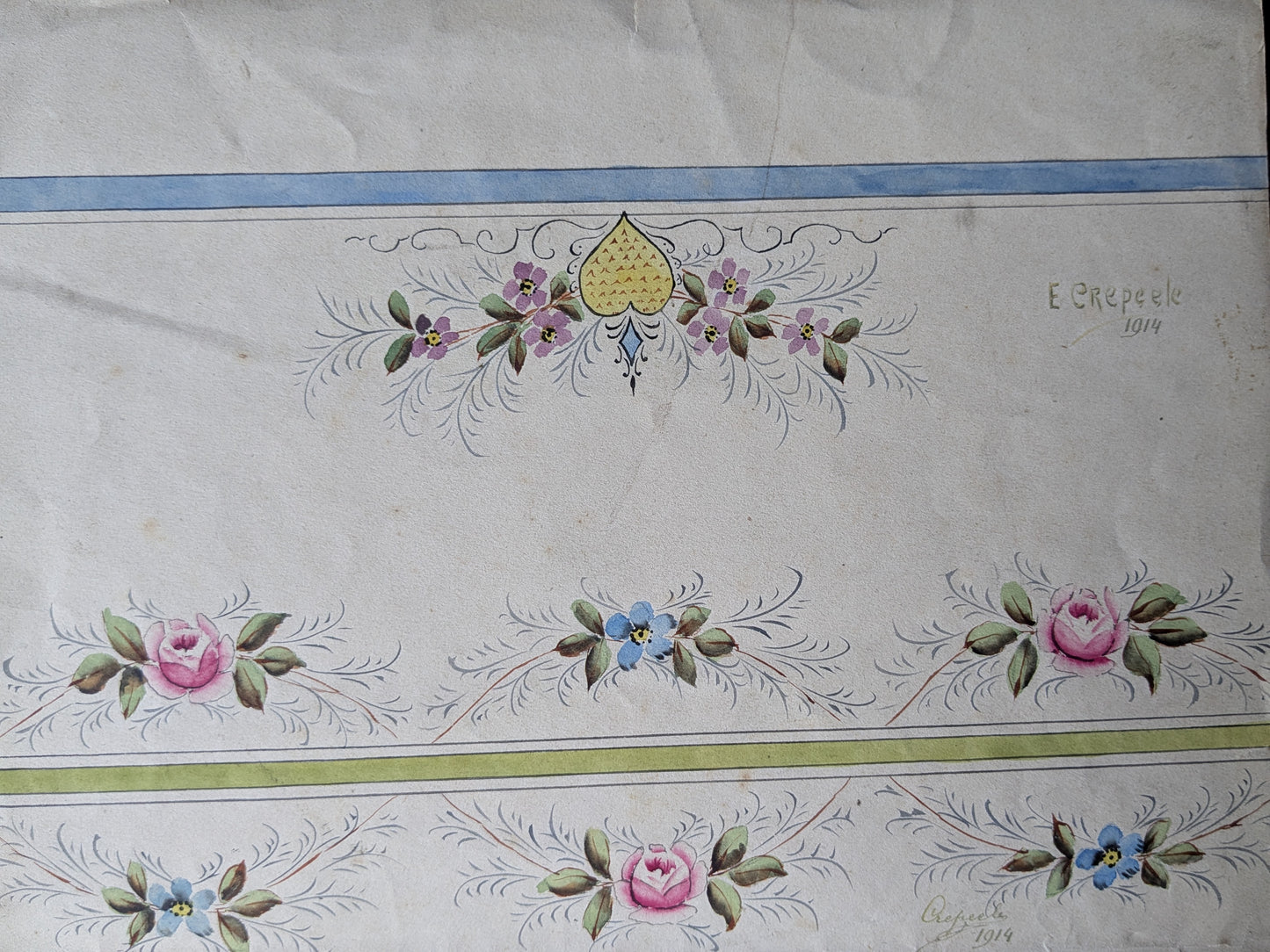 Antique French hand painted pattern design with roses
