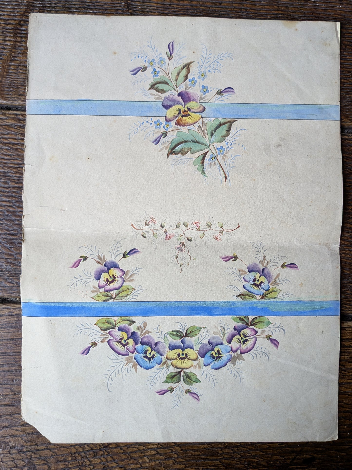 Antique French hand painted pattern design with heartsease