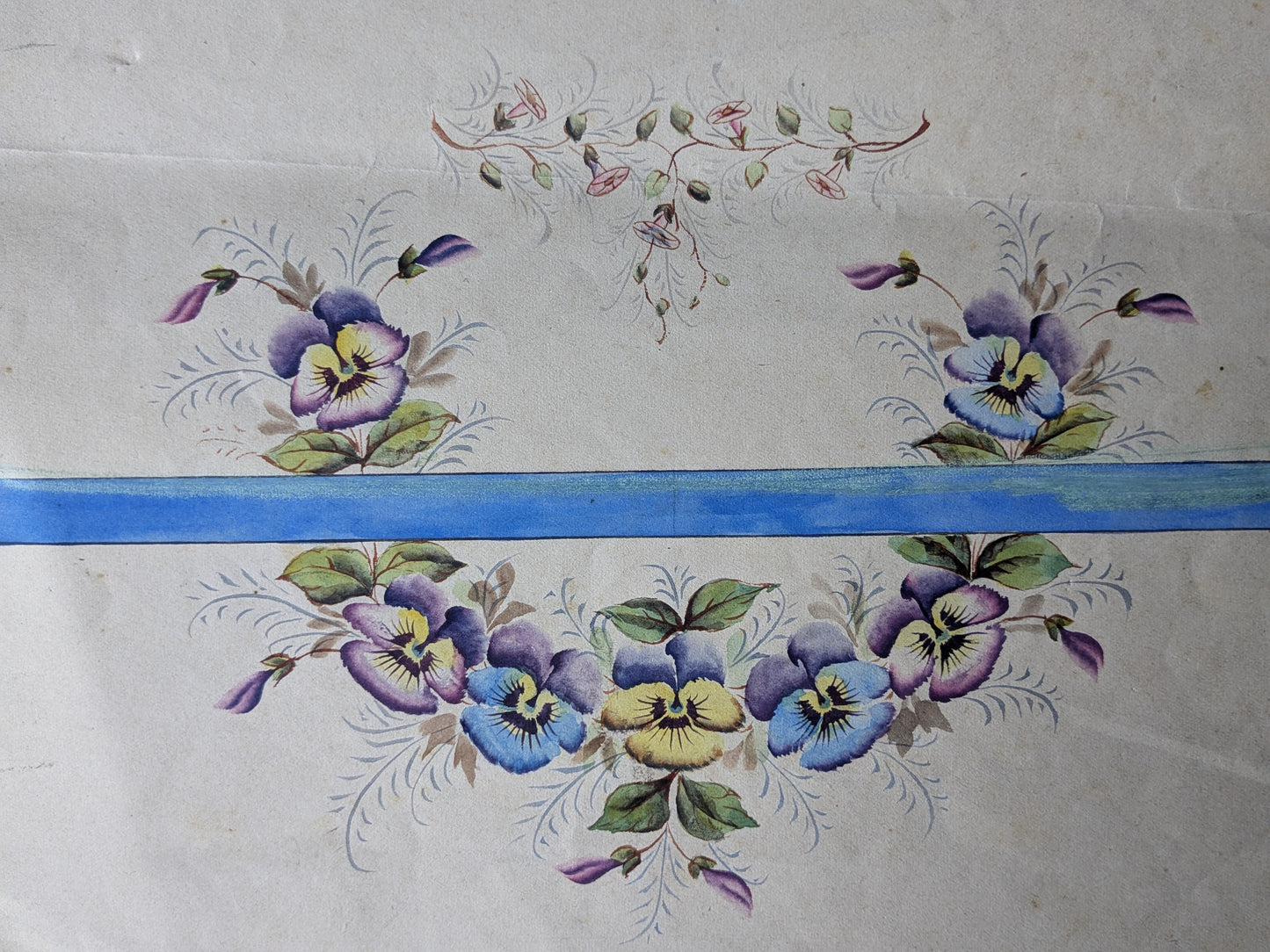 Antique French hand painted pattern design with heartsease