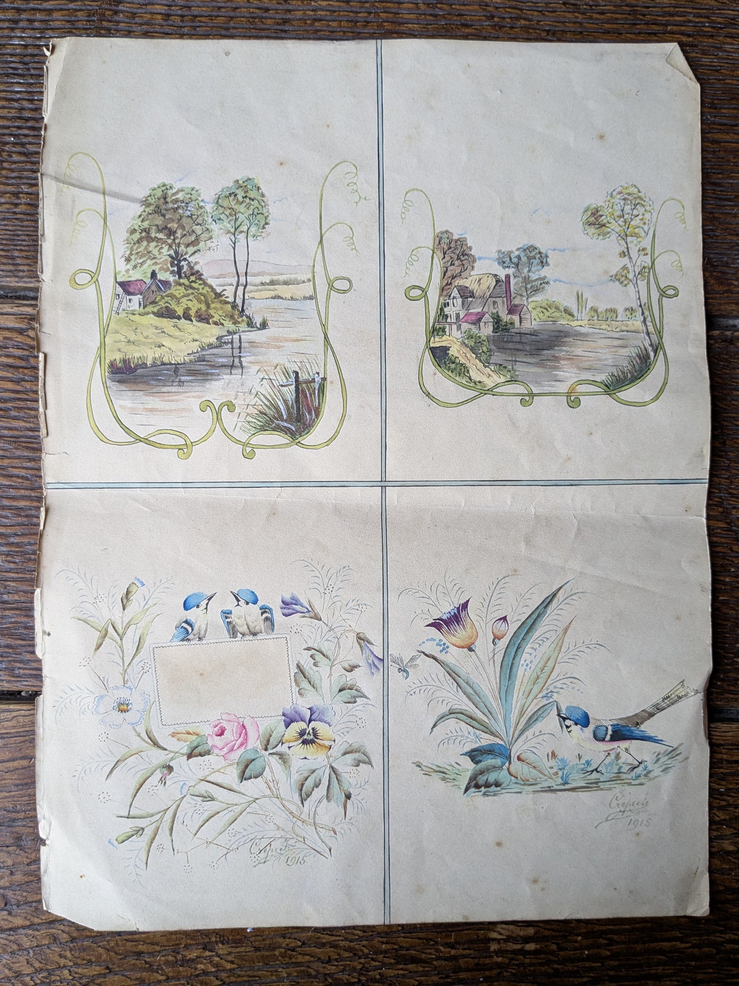 Antique French hand painted pattern design sheet