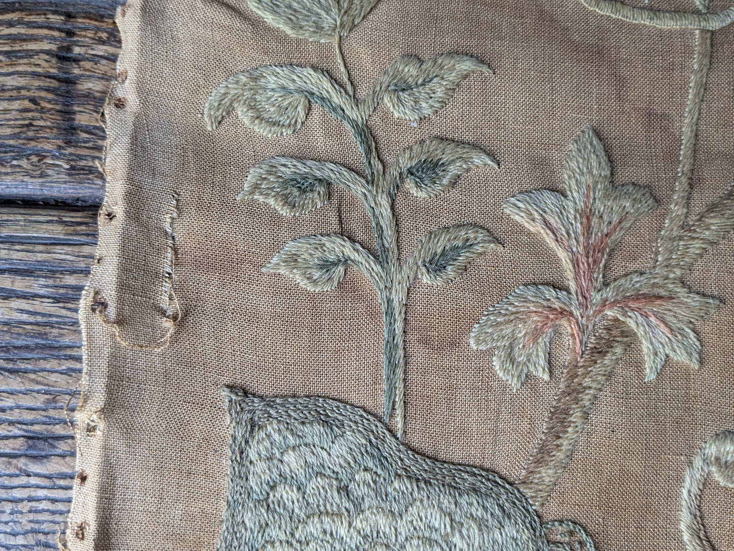 Antique crewel work embroidered panel C