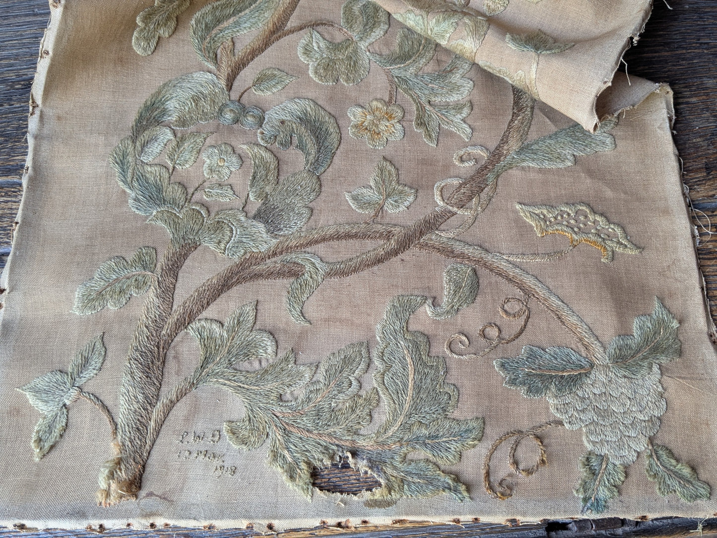 Antique crewel work embroidered panel C