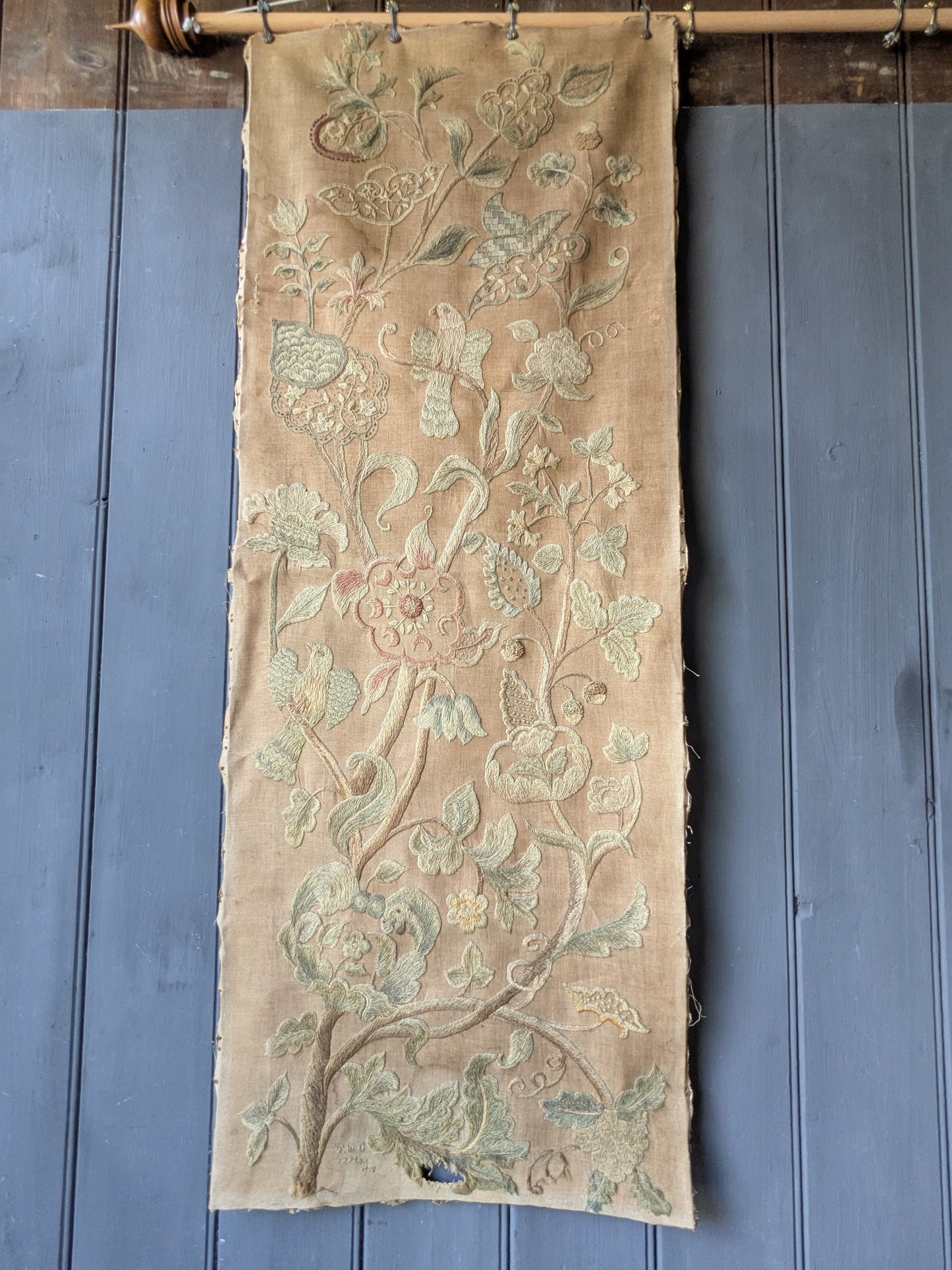 Antique crewel work embroidered panel C