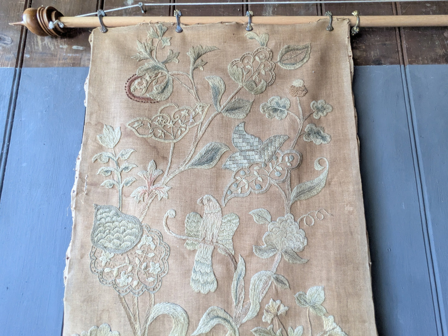 Antique crewel work embroidered panel C