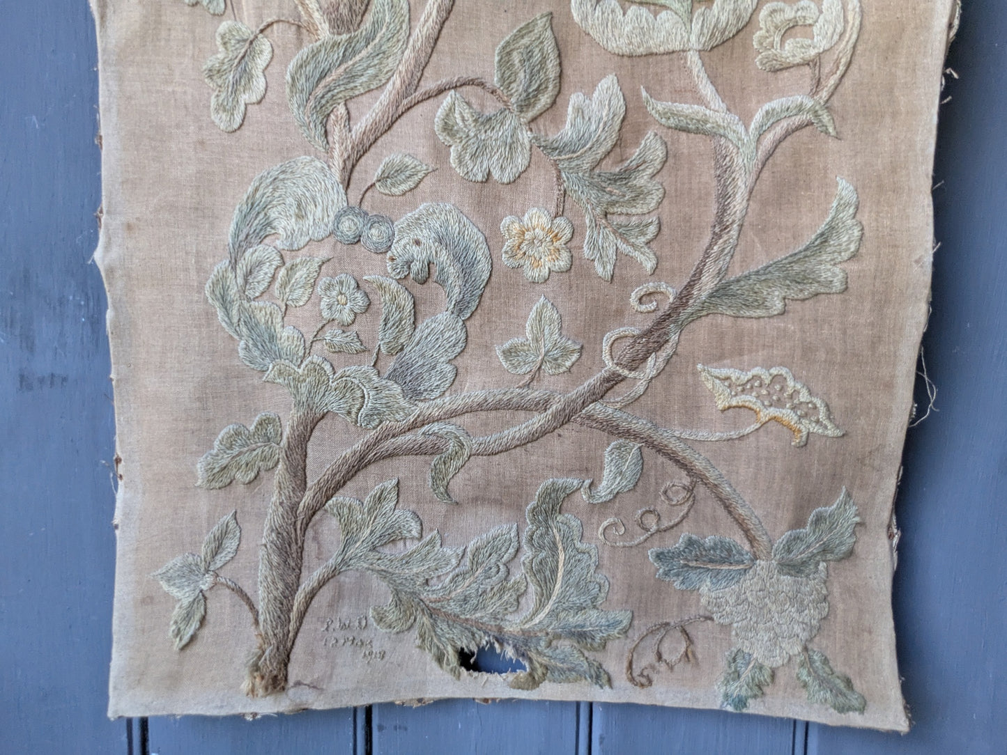 Antique crewel work embroidered panel C