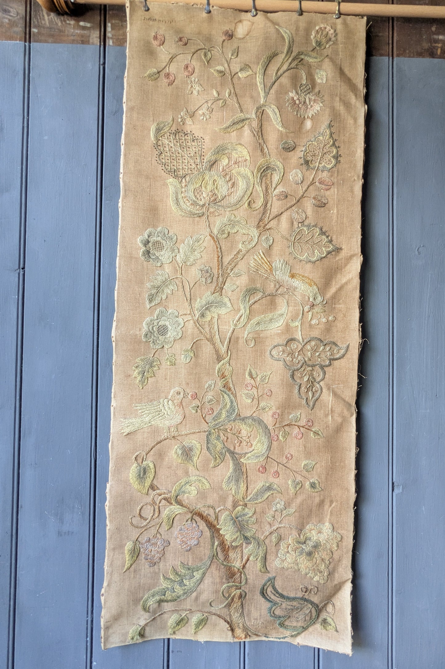 Antique crewel work embroidered panel A