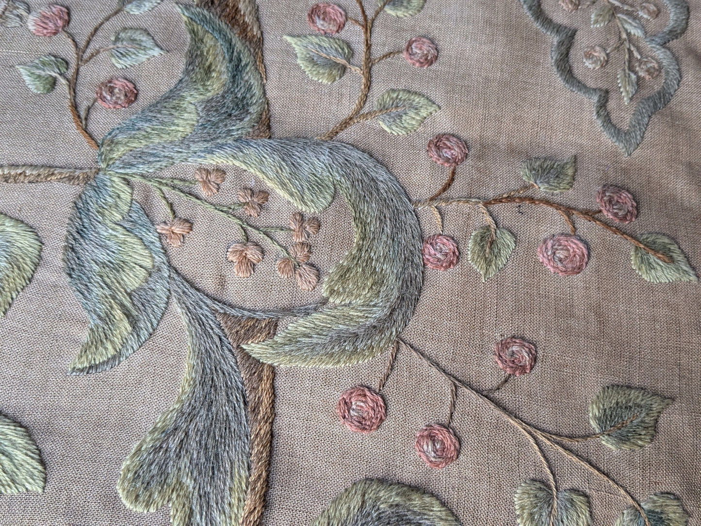 Antique crewel work embroidered panel A