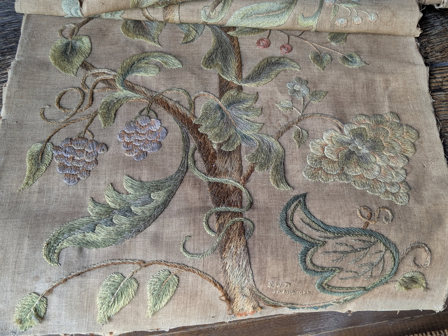 Antique crewel work embroidered panel A