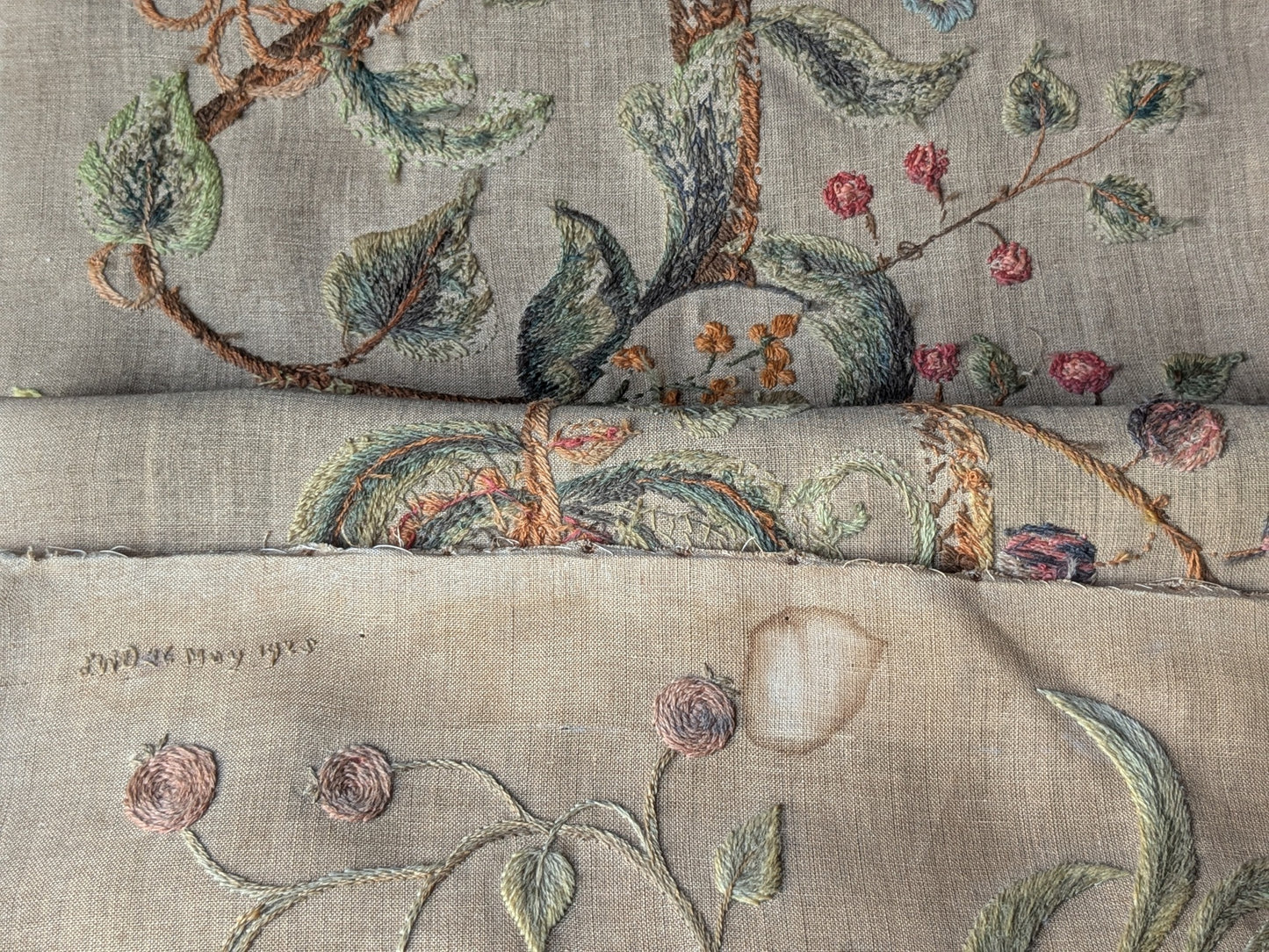 Antique crewel work embroidered panel A