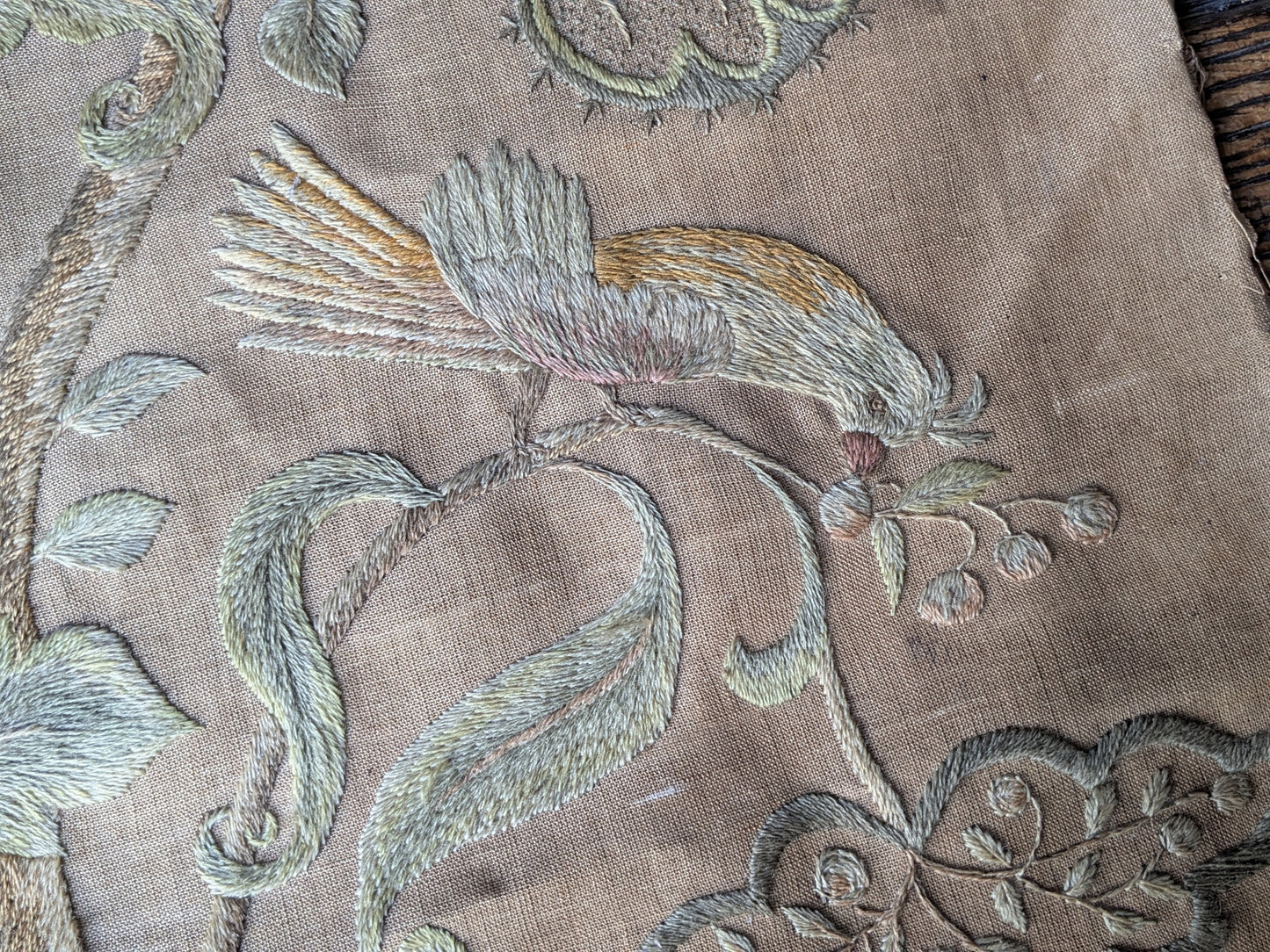 Antique crewel work embroidered panel A