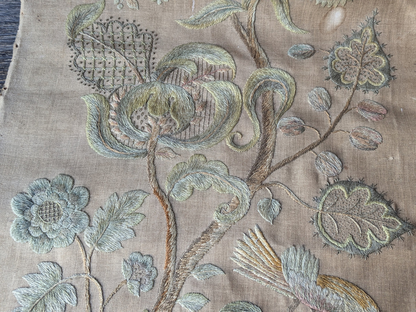 Antique crewel work embroidered panel A