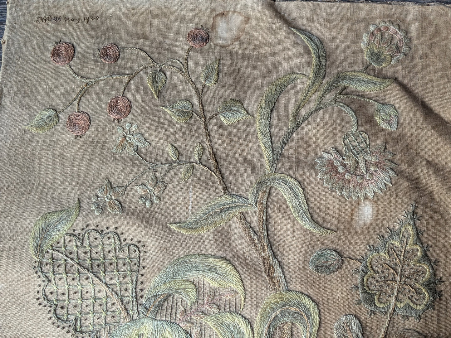 Antique crewel work embroidered panel A