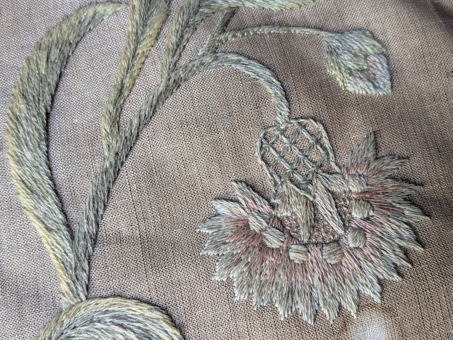Antique crewel work embroidered panel A
