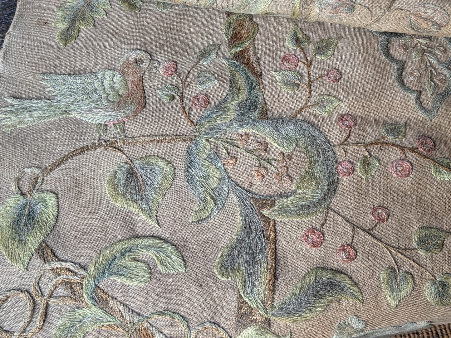 Antique crewel work embroidered panel A