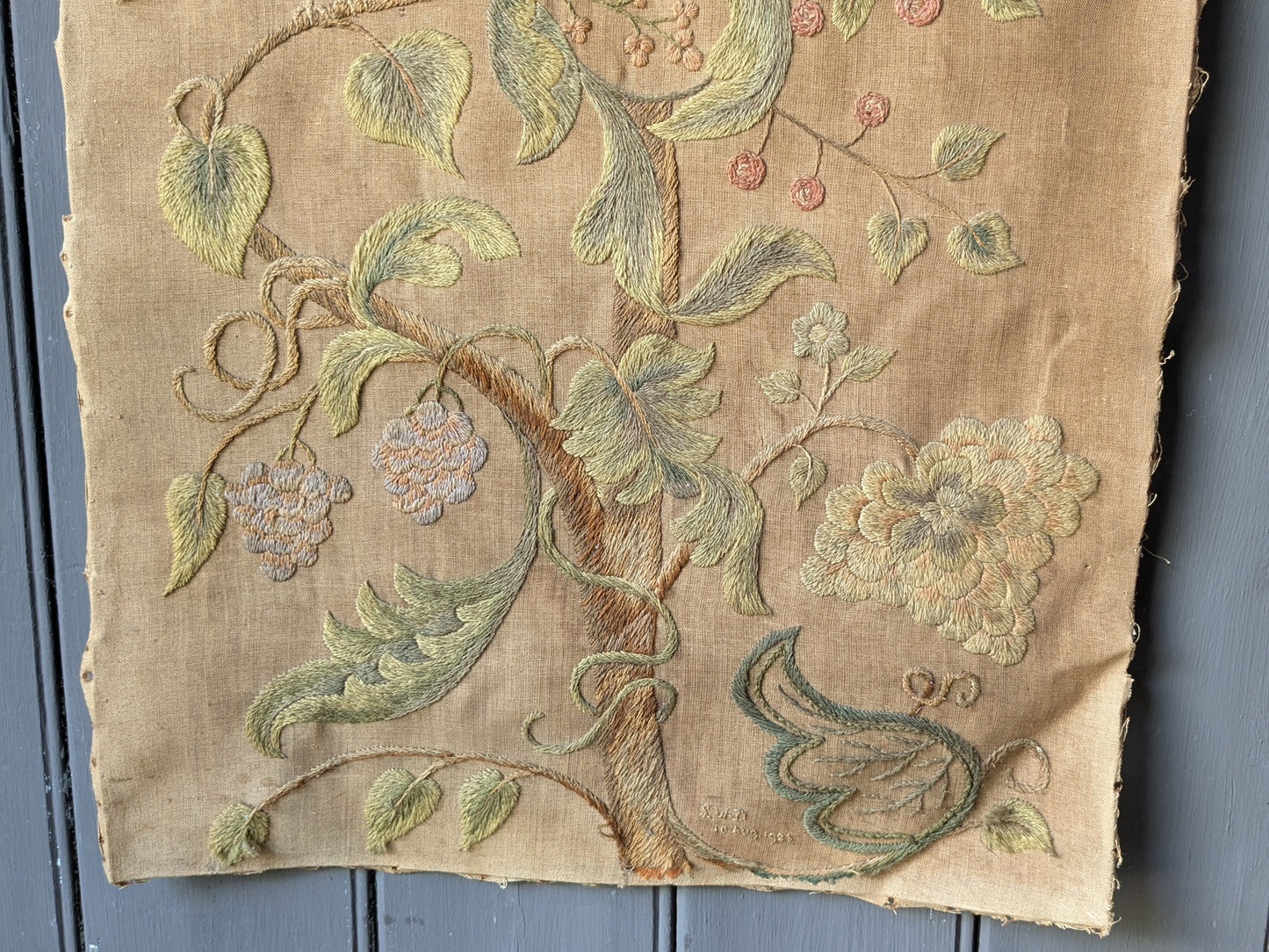 Antique crewel work embroidered panel A