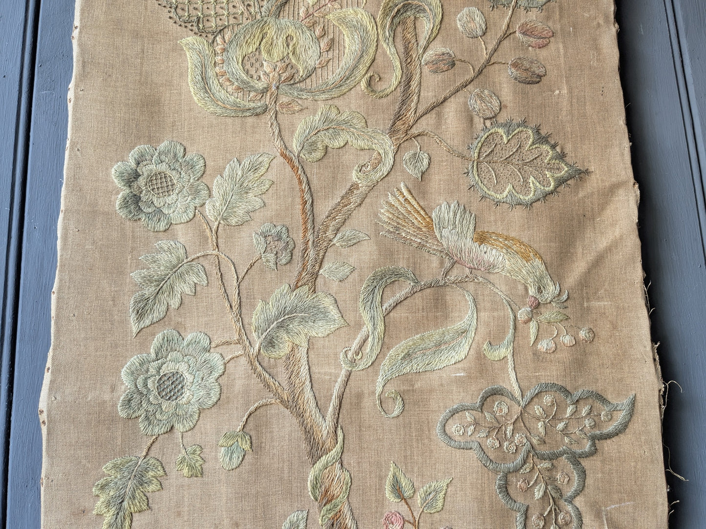 Antique crewel work embroidered panel A