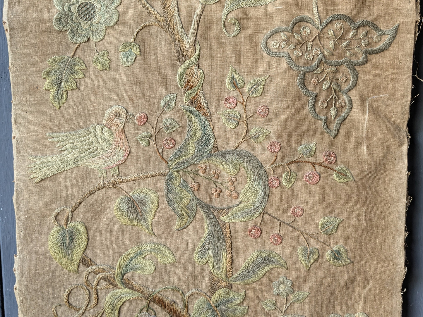 Antique crewel work embroidered panel A