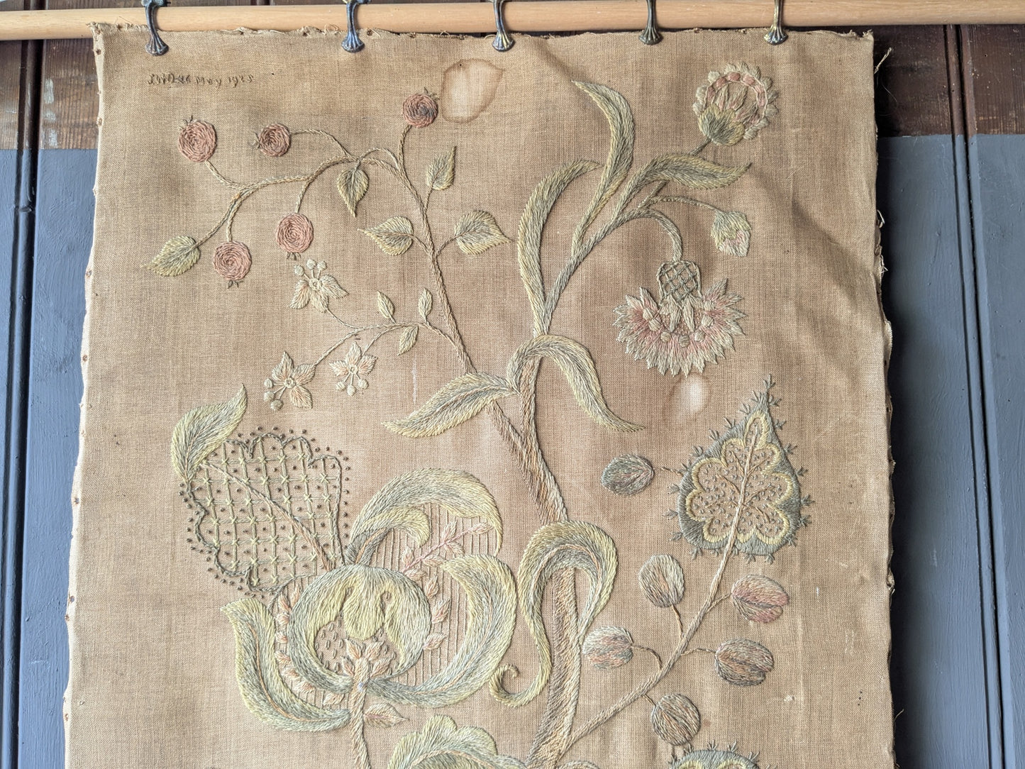 Antique crewel work embroidered panel A
