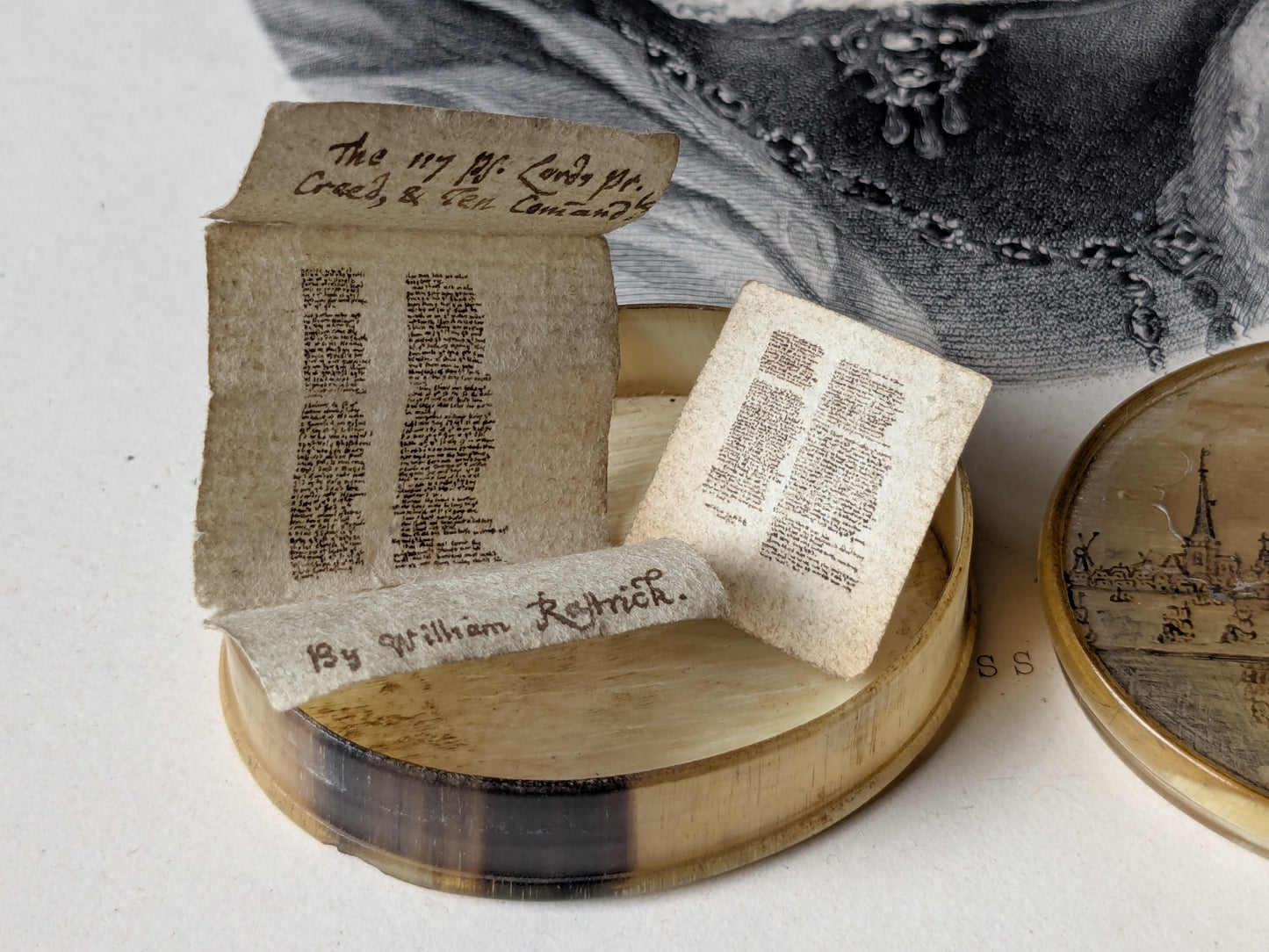 Antique horn snuff box with miniature writing inside