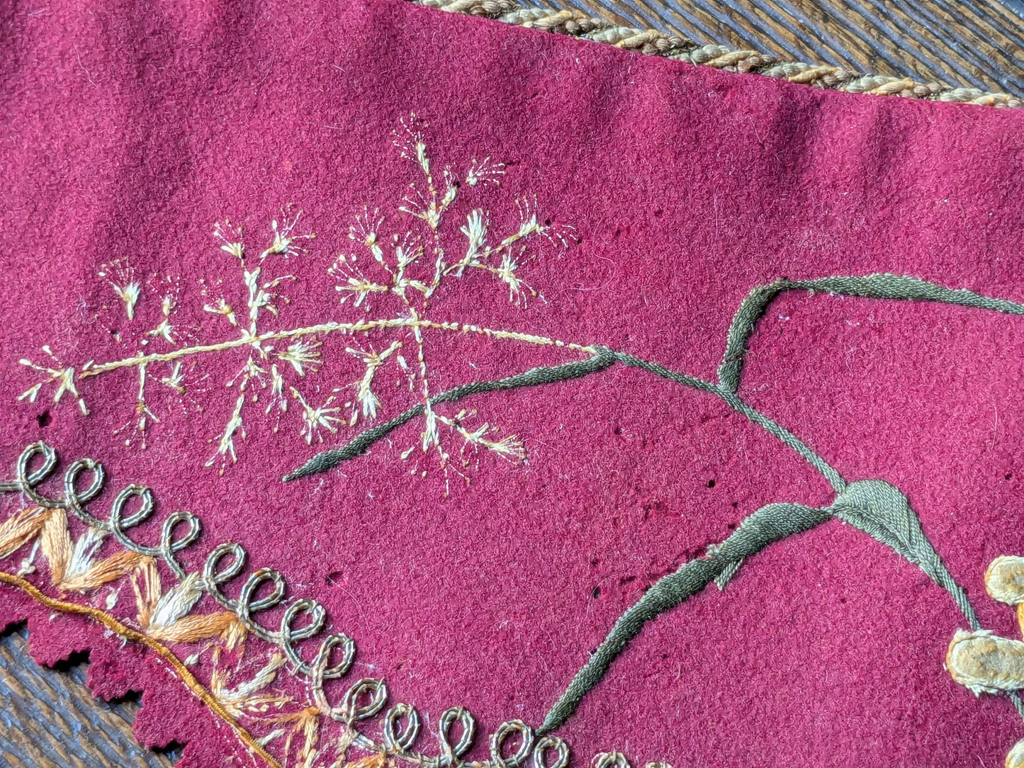 Victorian wool mantelpiece trim, applique flowers