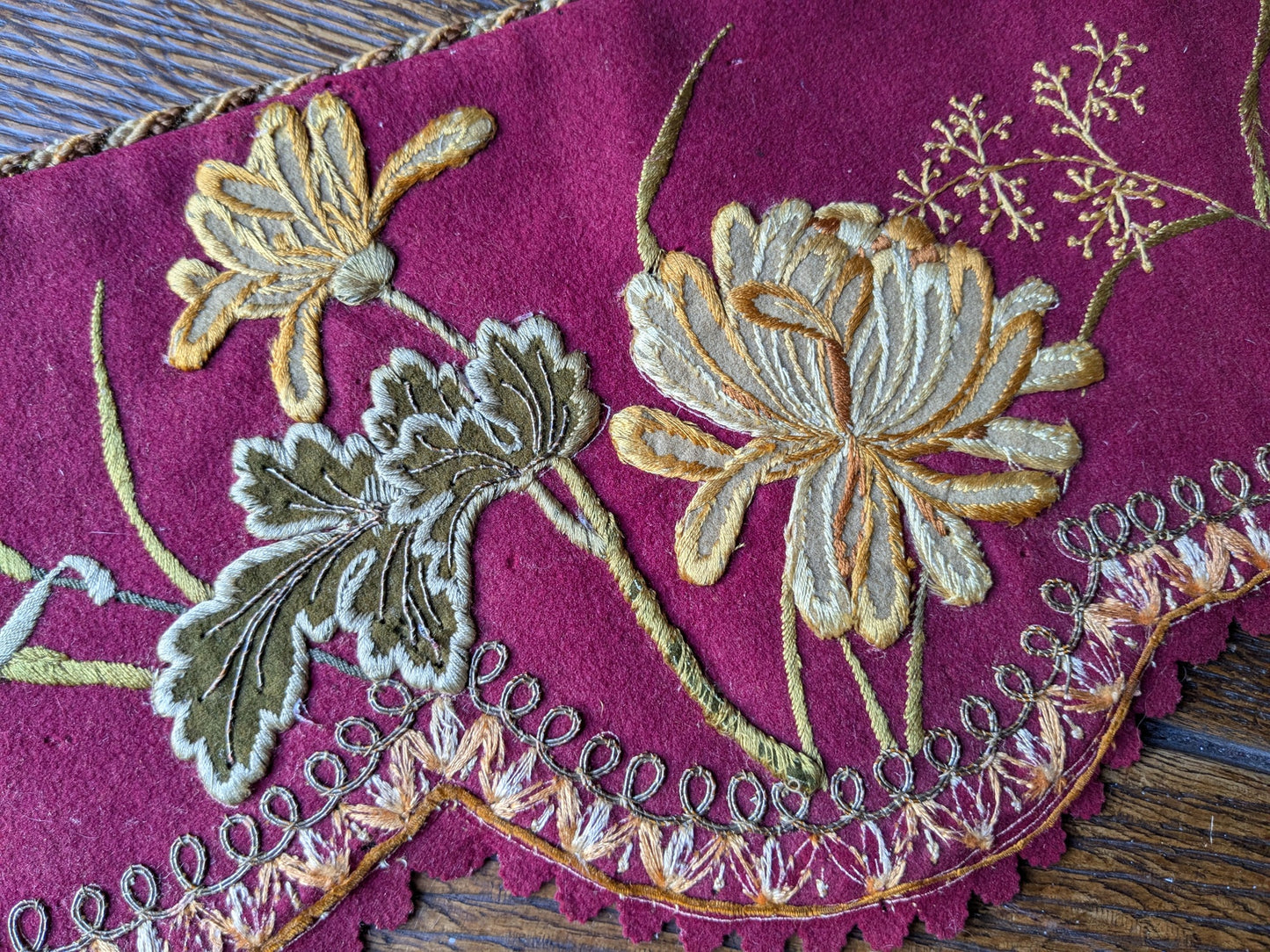 Victorian wool mantelpiece trim, applique flowers