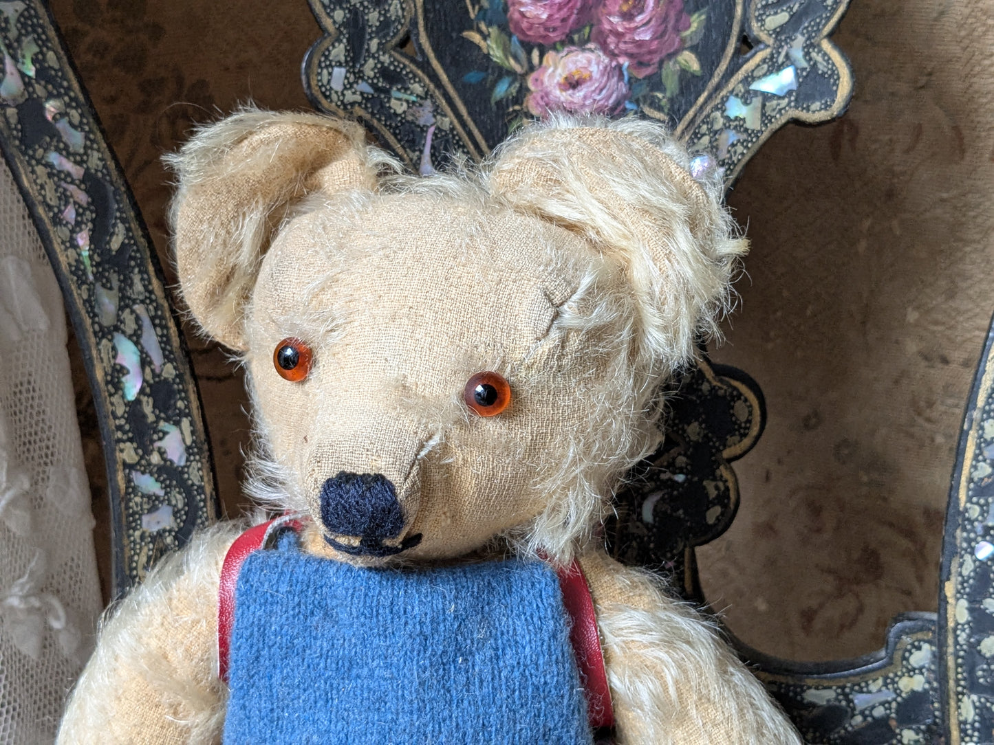 Vintage Merrythought bear in wool suit with rucksack