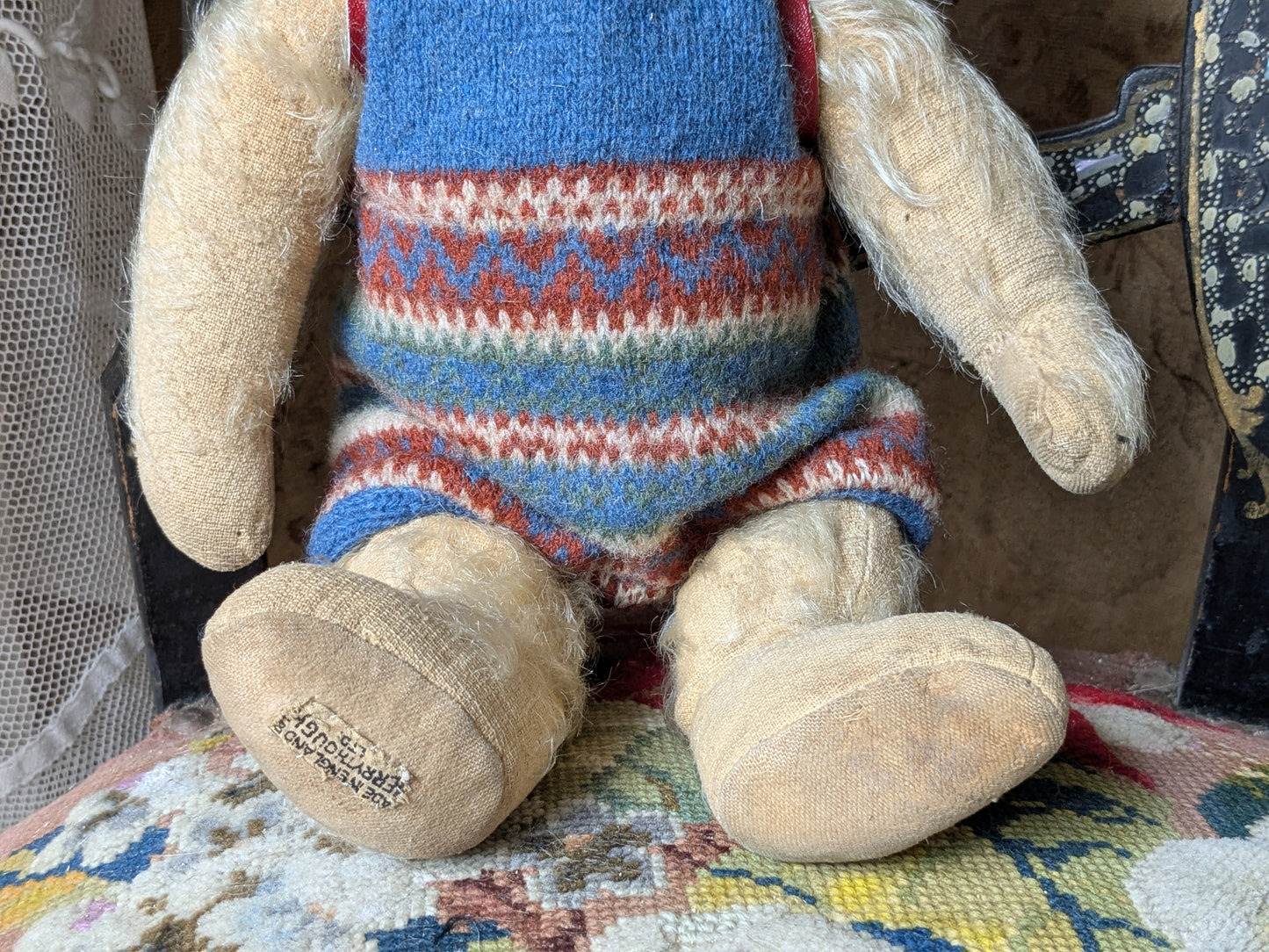 Vintage Merrythought bear in wool suit with rucksack