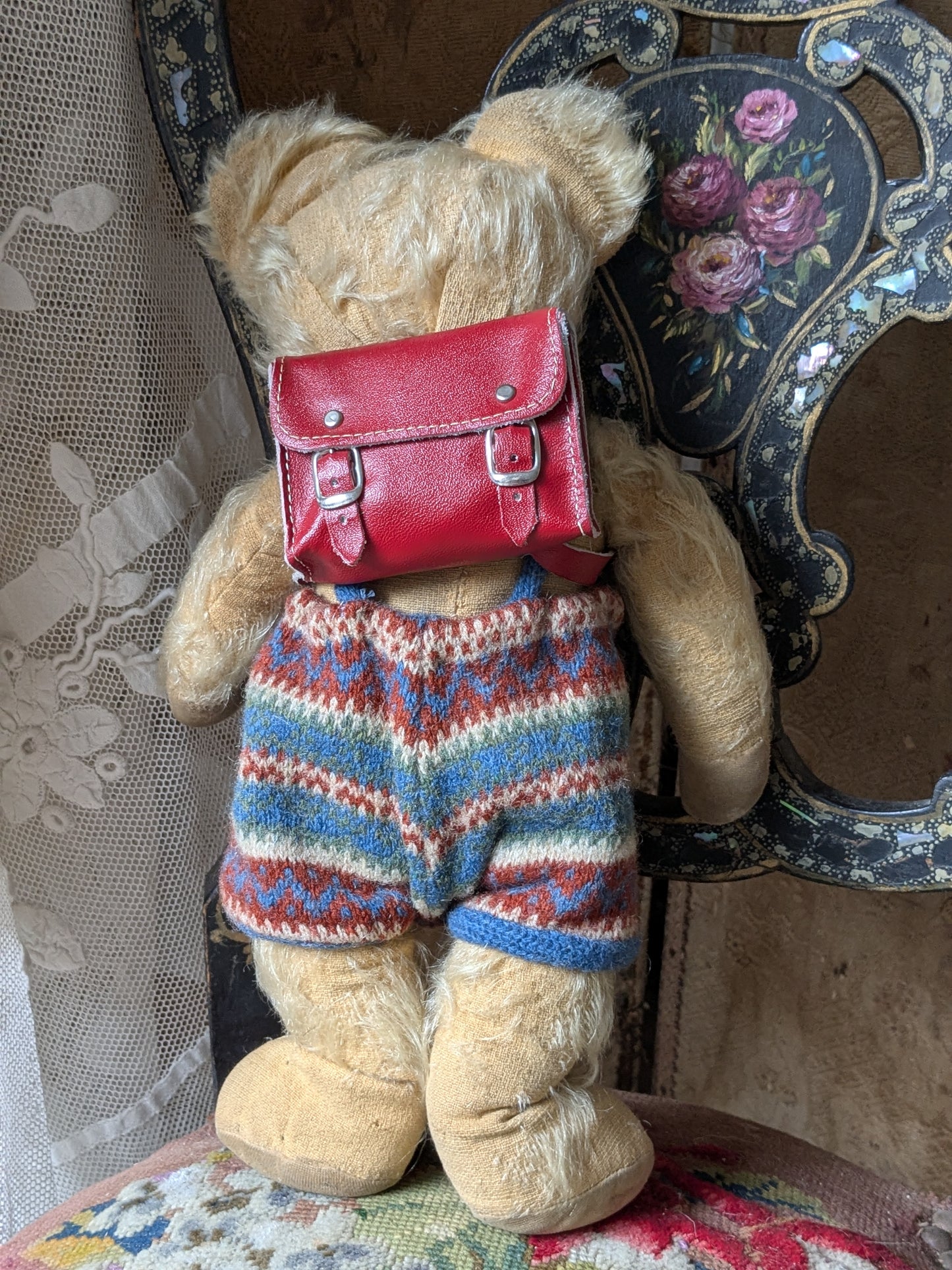 Vintage Merrythought bear in wool suit with rucksack