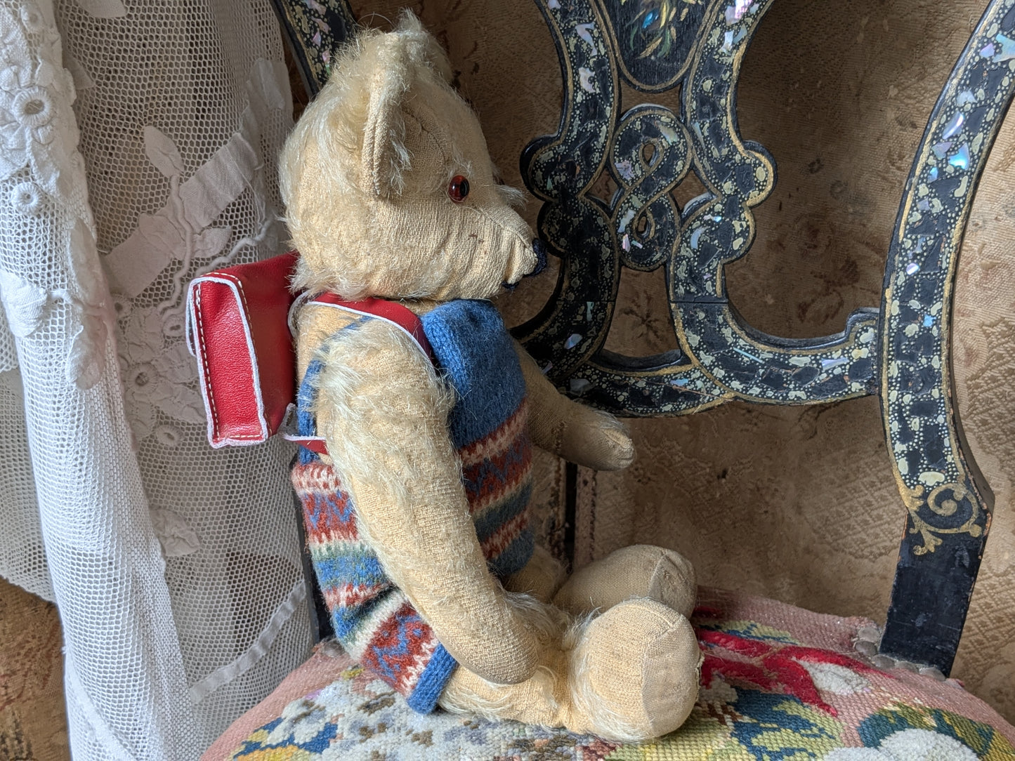Vintage Merrythought bear in wool suit with rucksack