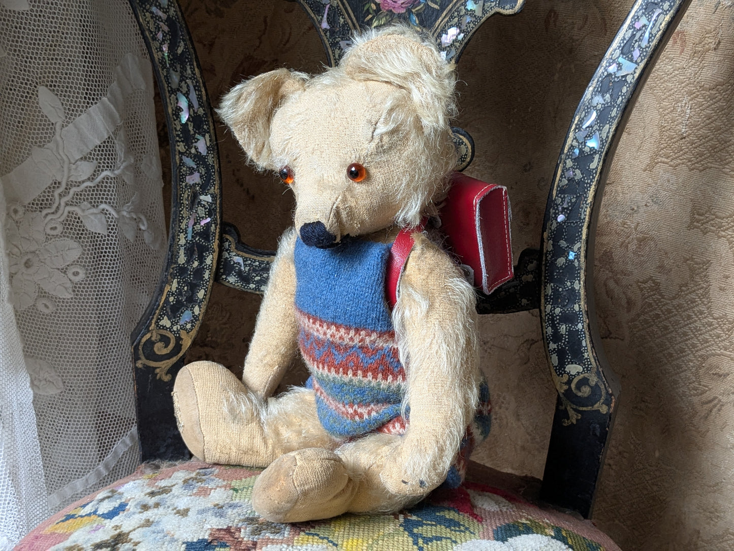 Vintage Merrythought bear in wool suit with rucksack