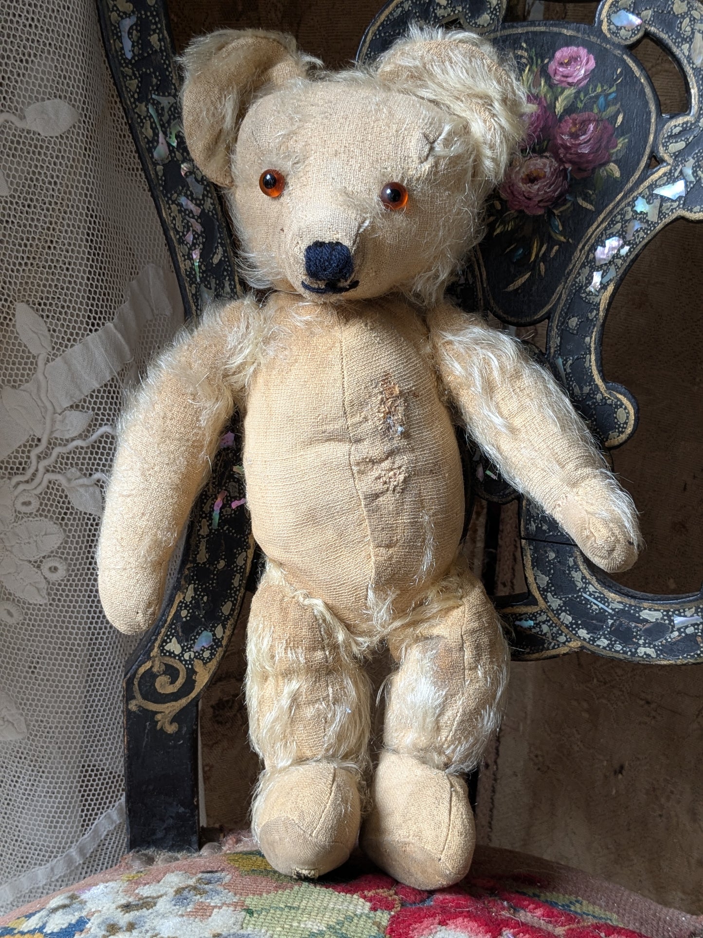 Vintage Merrythought bear in wool suit with rucksack