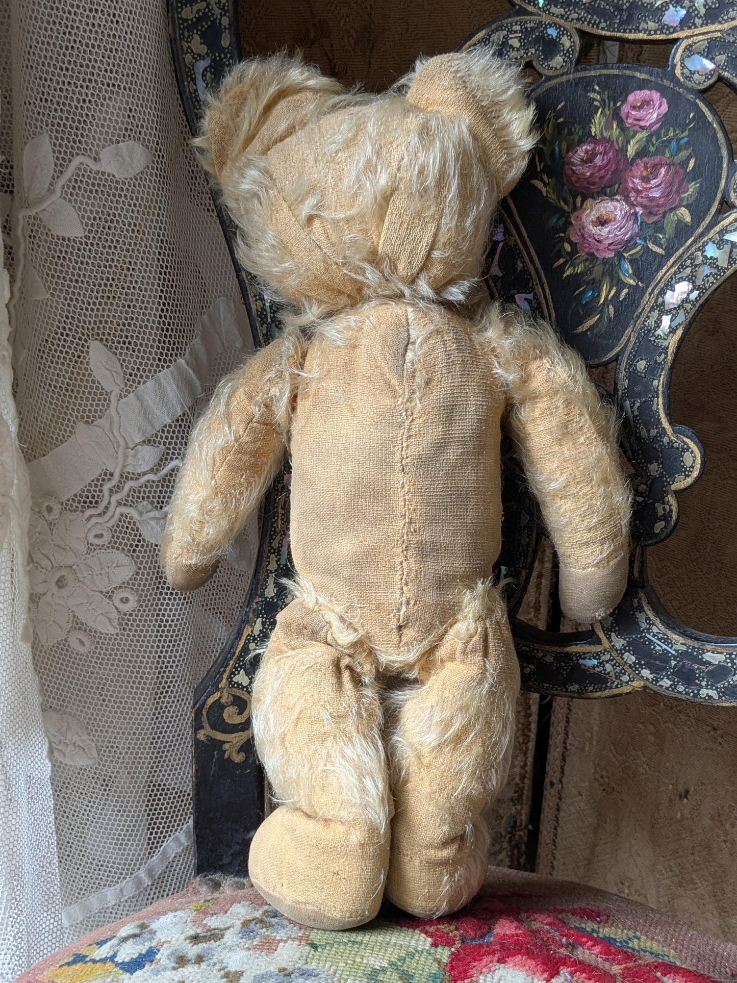 Vintage Merrythought bear in wool suit with rucksack