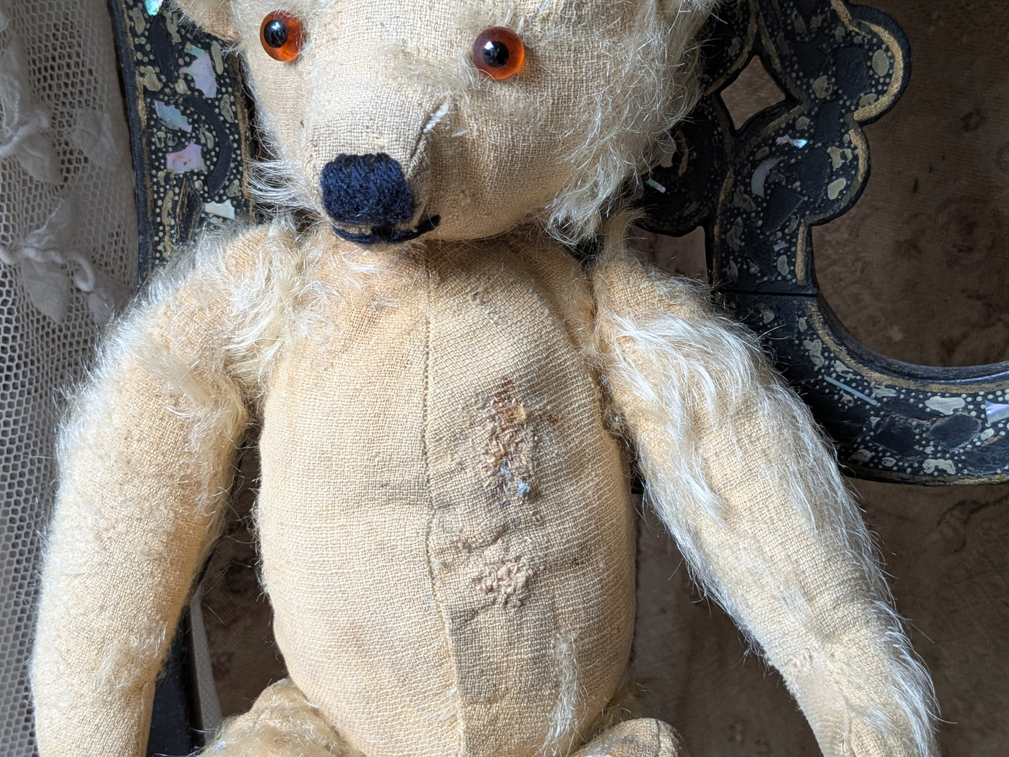 Vintage Merrythought bear in wool suit with rucksack