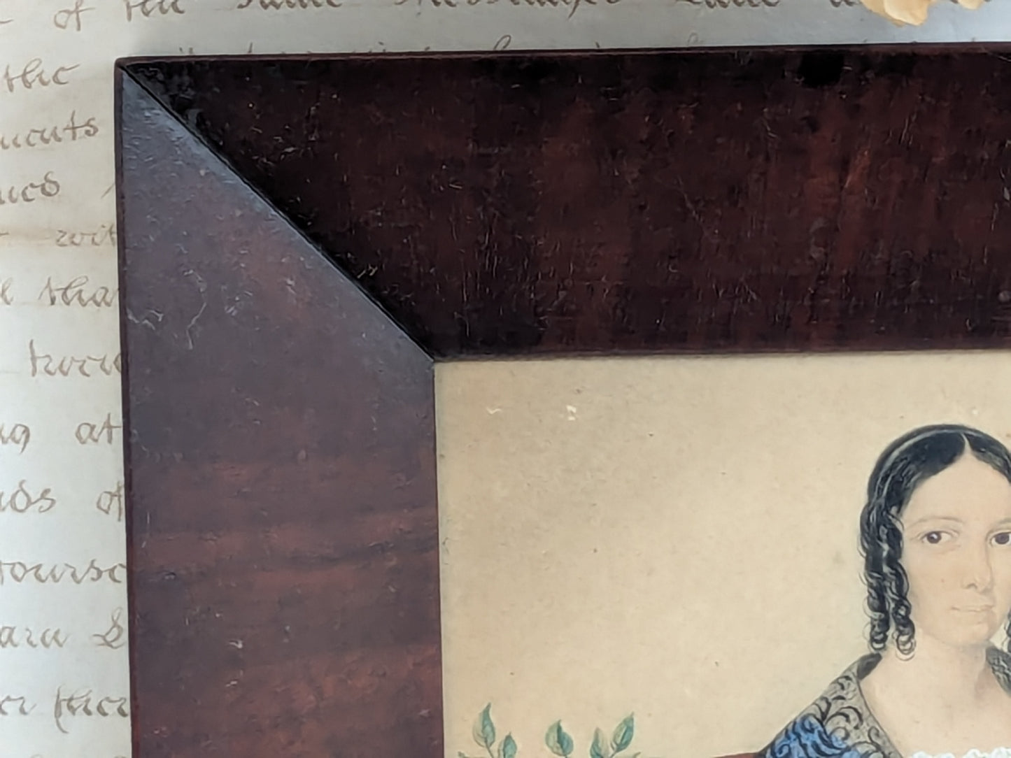 Antique portrait miniature of a lady with her workbox